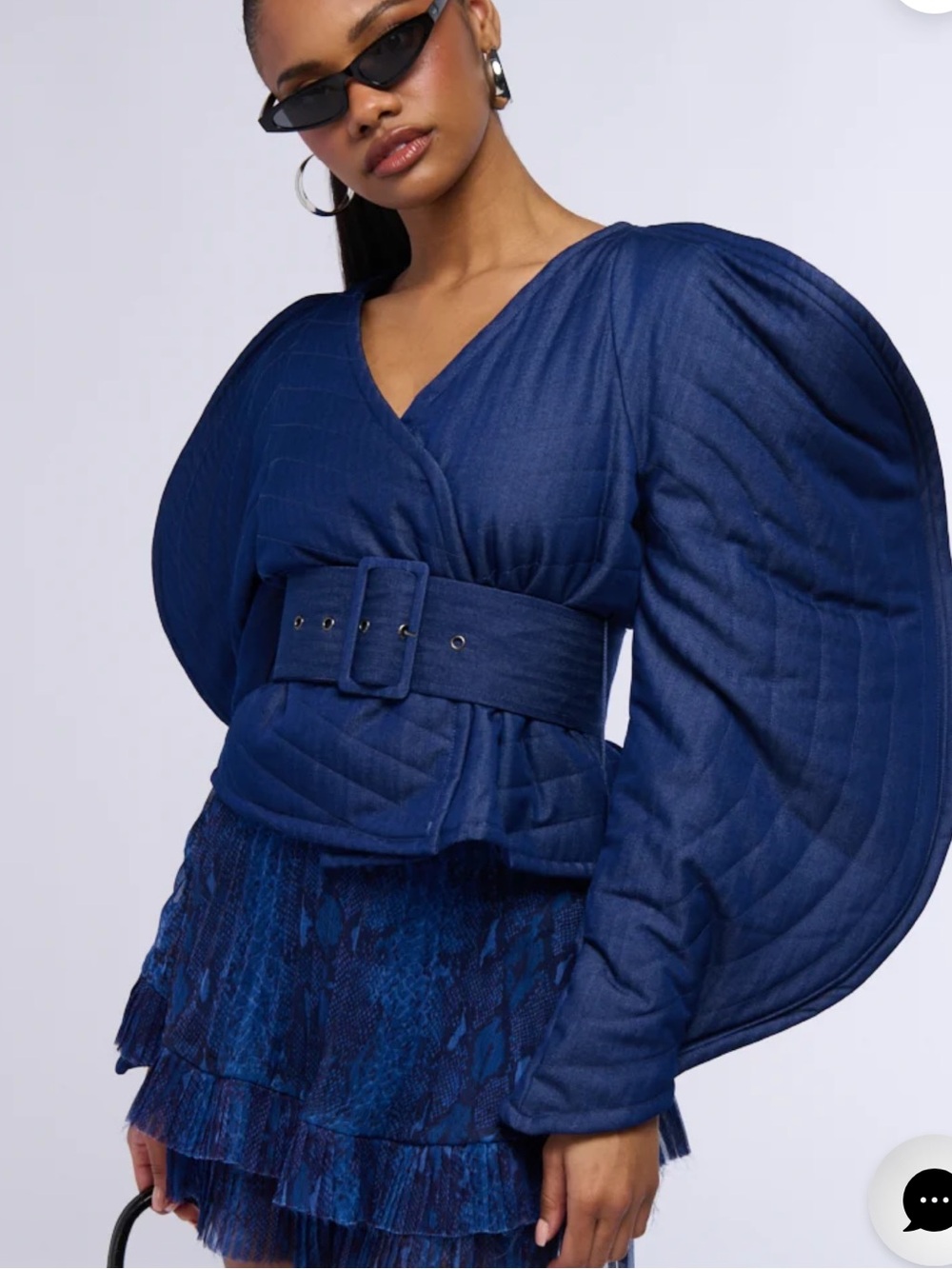 Akira Raina dark Blue Dramatic sleeve belted quilted blouse jacket top size M